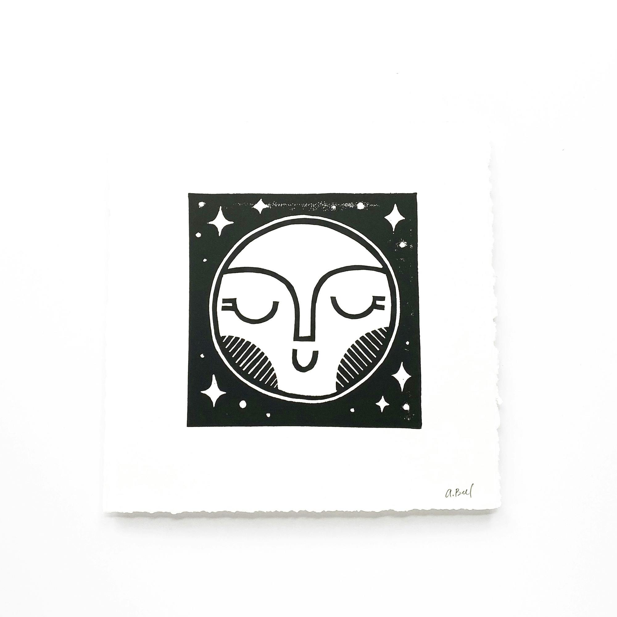 Moon Art Print - Hand Carved Linoleum Block Print - Hand Printed